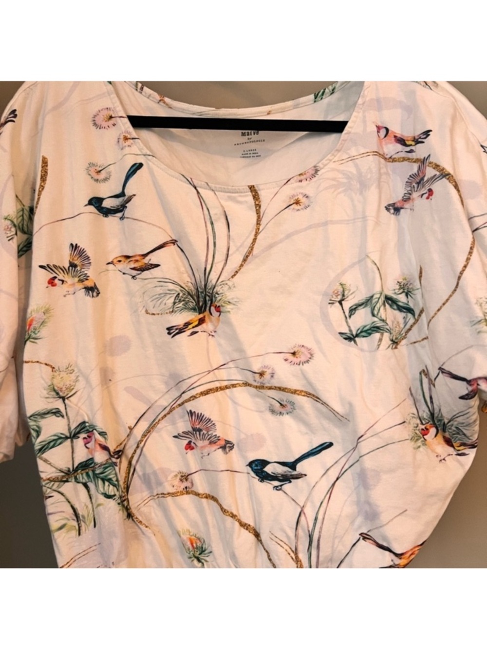 Anthropologie White Cropped Top with Multicolor Bird Print - Picture 5 of 6